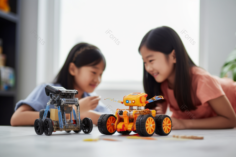 妈妈和女儿一起学习操作机器人编程,高清,摄影图,摄影图片,图片大全,摄影图免费下载